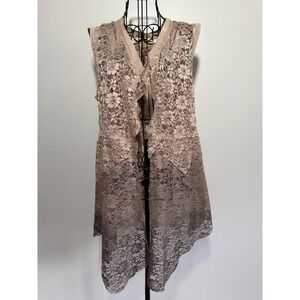 Voice of California Taupe Floral Lace Vest Corset Lace Up Back Open Front Boho
